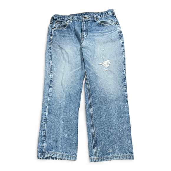 Carhartt Jeans Mens 34x26 Blue Denim Distressed Traditional Fit Workwear B18 DST - Picture 1 of 12